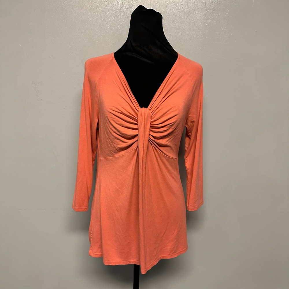 Talbots Coral v-neck Long Sleeve Tee women’s small orange gathered ruched raglan